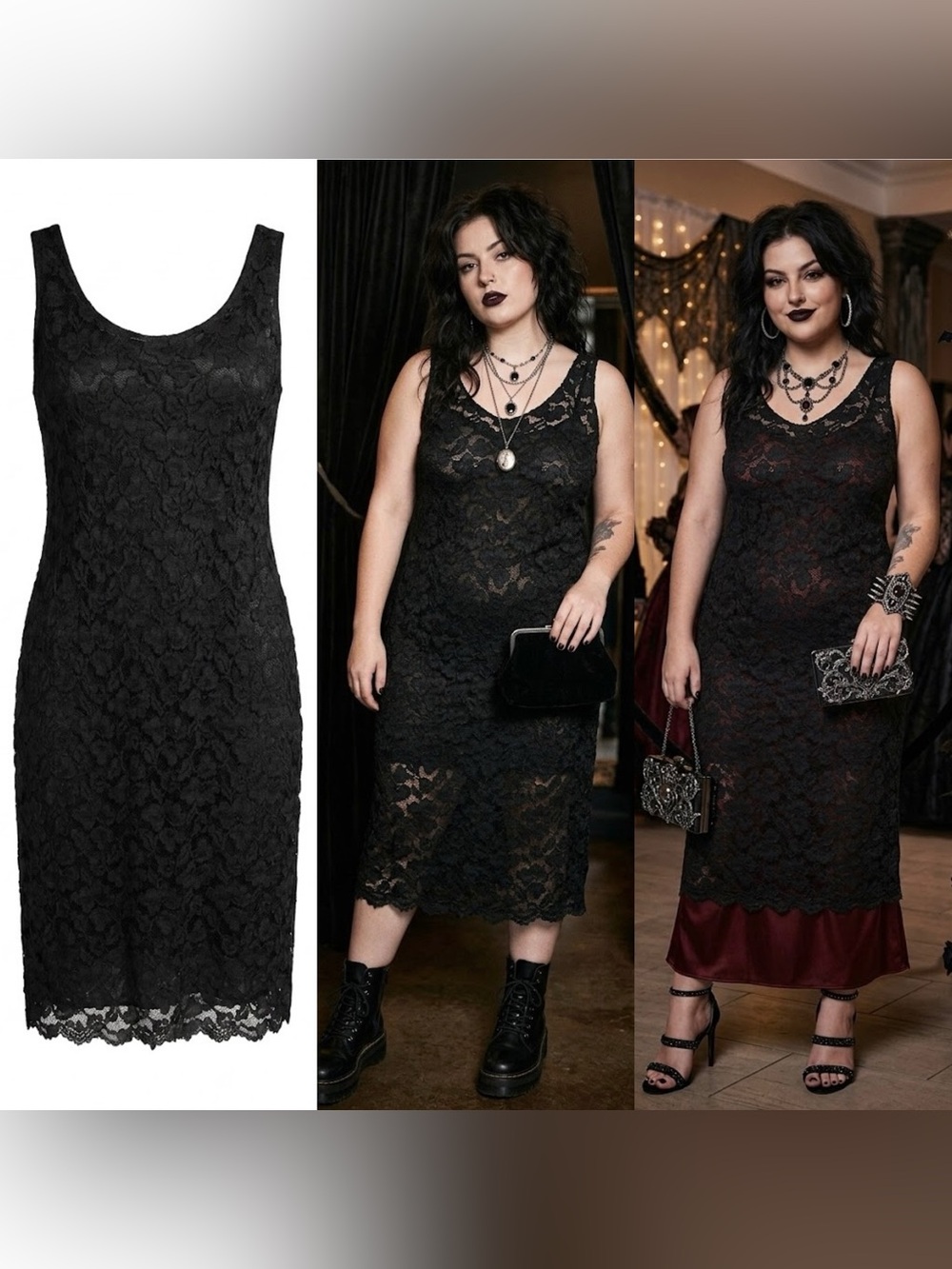 Vintage 90s/Y2K Astarte 1X Black Floral Stretch Lace Midi Dress Whimsigoth Goth